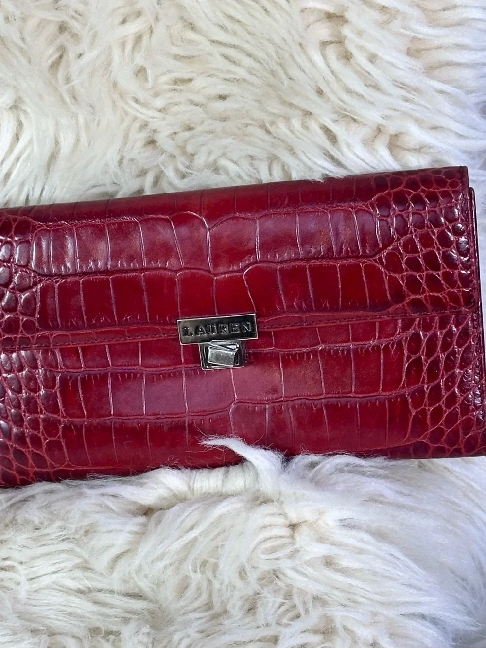 Lauren Ralph Lauren Burgundy Croc-Embossed Wallet with Silver Logo